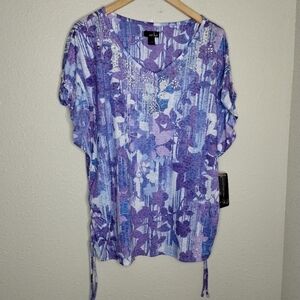 Erika Blue Purple Embellished Floral Top Women's Size 1X